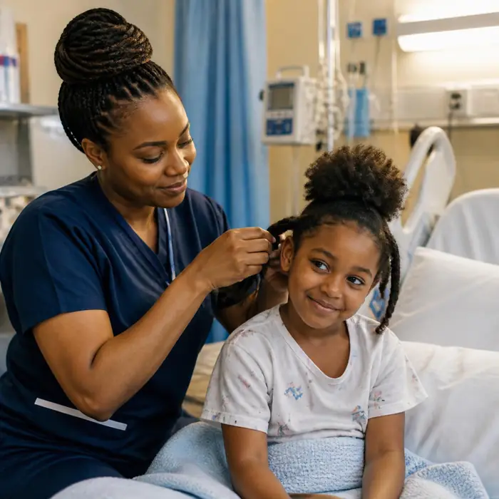 A nurse braiding a young patient's hair at her hospital bedside
